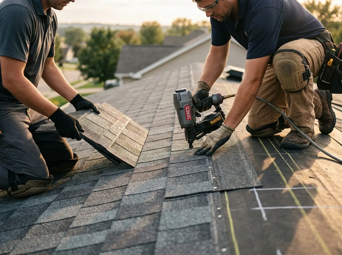Professional roofer working on a residential roof in Anna